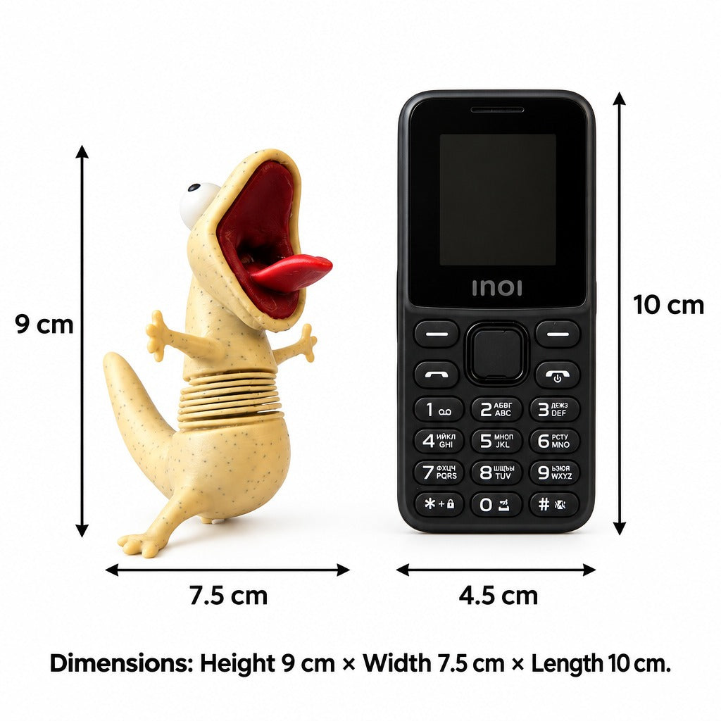 Wiggly Lizard next to a phone for scale: 9 cm tall, 7.5 cm wide, 10 cm long